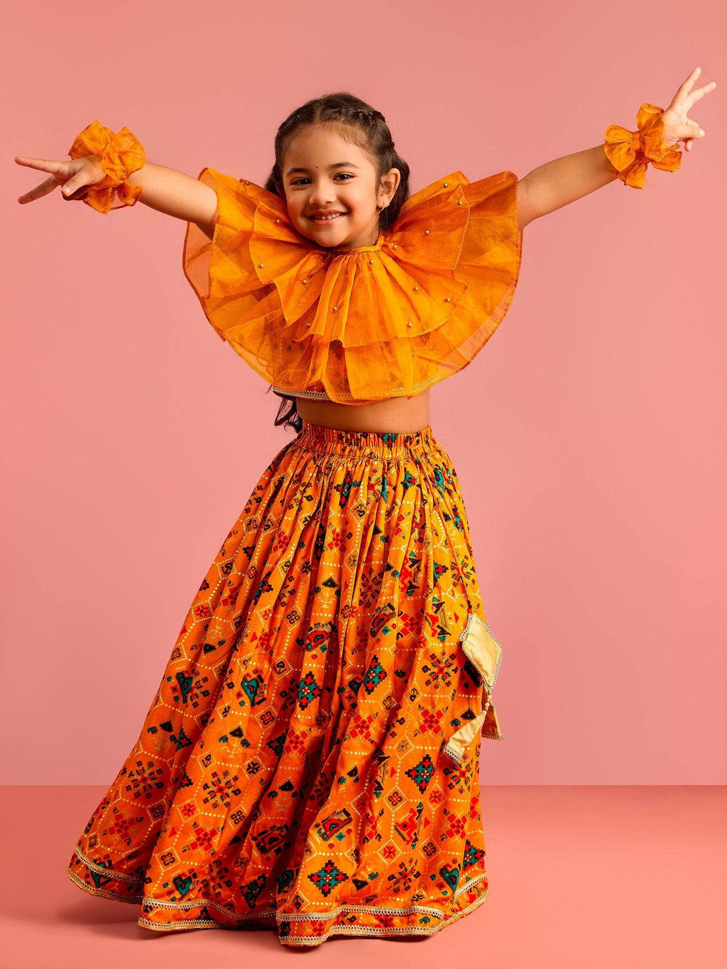 Girls Mustard Patola Print Rayon Lehenga Choli Set with Accessories & Ruffled Hand Gloves