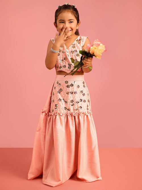 Girls Peach Silk Blend Embroidered Lehenga Choli Set