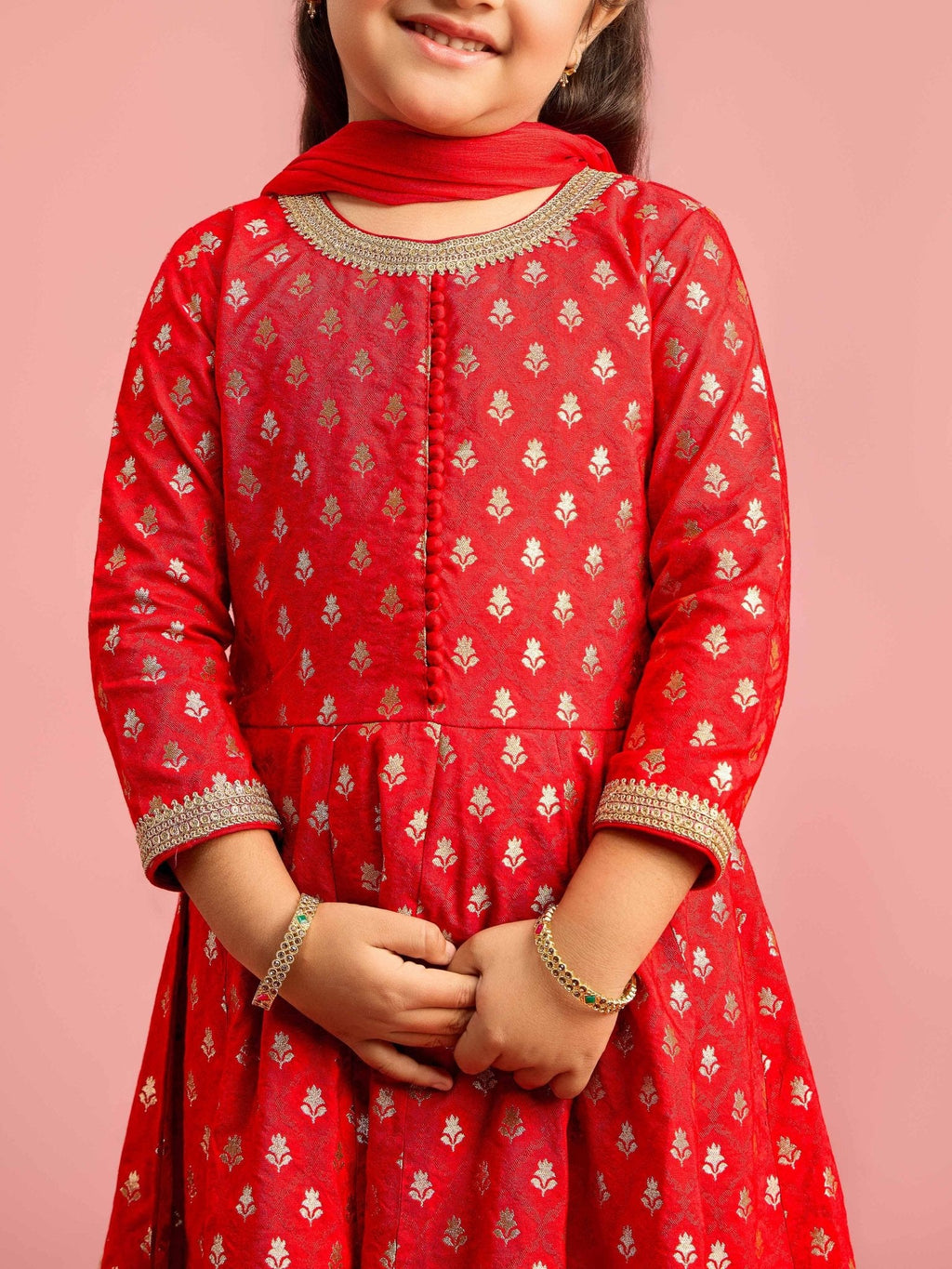 Girls Red Zari Woven Viscose Anarkali Set with Pant and Chiffon Dupatta
