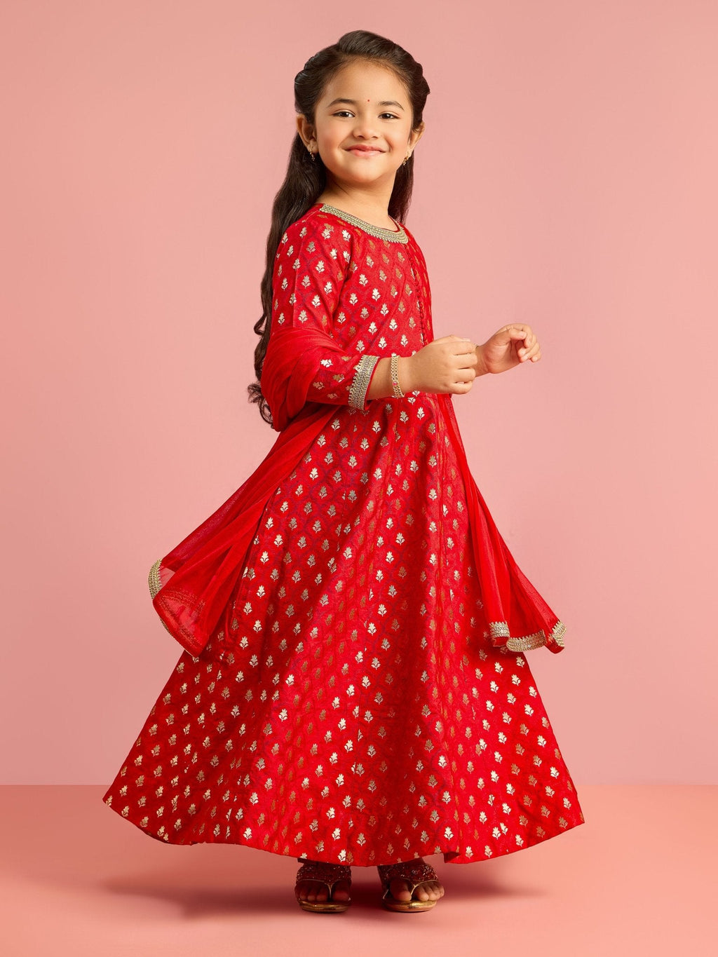 Girls Red Zari Woven Viscose Anarkali Set with Pant and Chiffon Dupatta