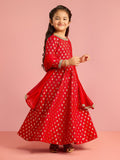 Girls Red Zari Woven Viscose Anarkali Set with Pant and Chiffon Dupatta