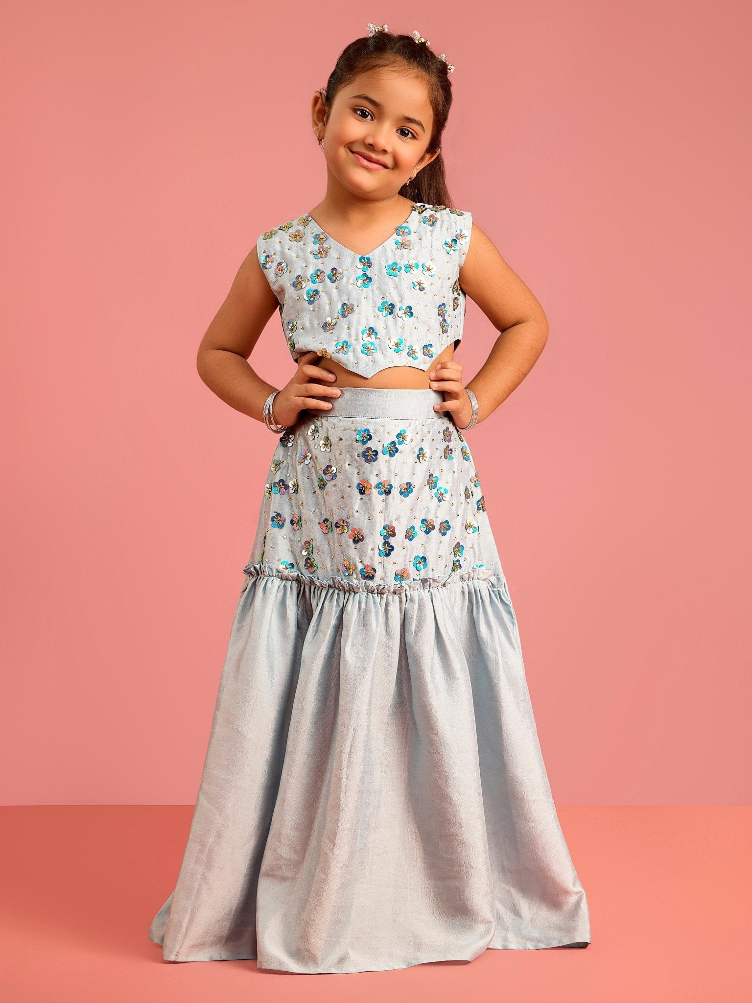 Girls Silk Blend Embroidered Lehenga Choli Set with Dupatta
