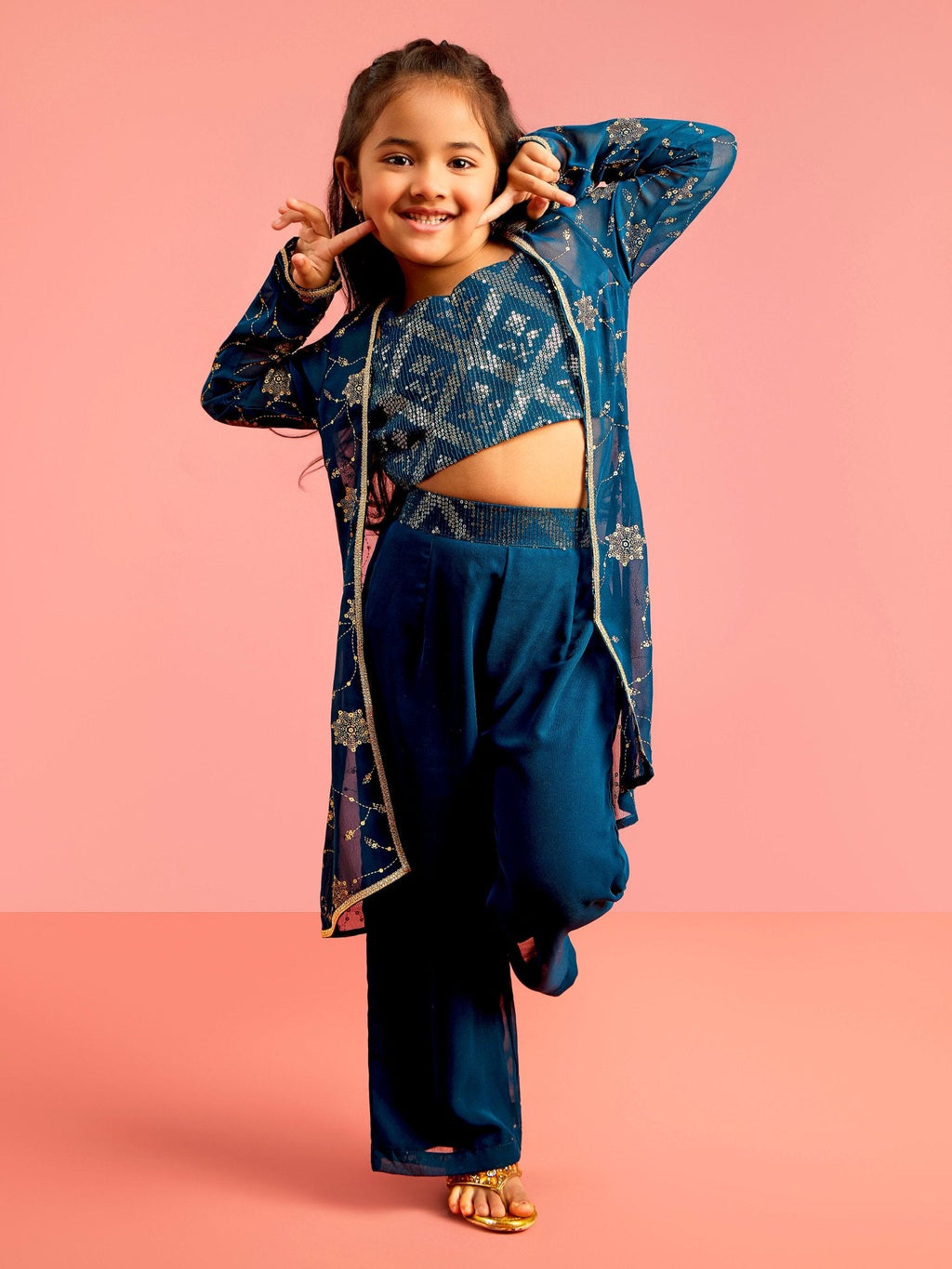 Girls Turquoise Georgette Sleeveless Cropped Sequin Yoke Top with Elasticated Palazzo Ethnic Clothing Set