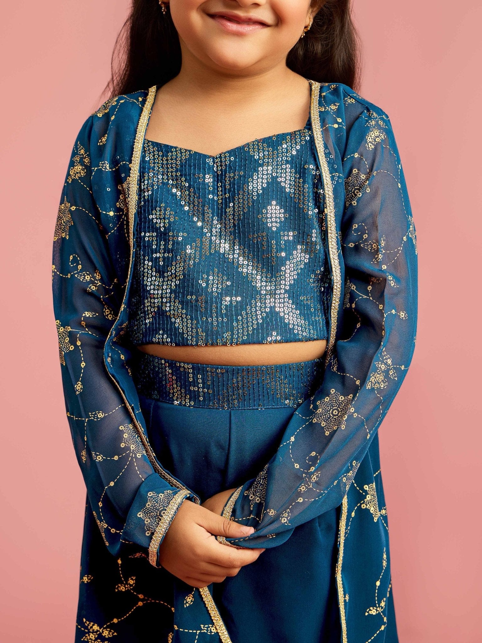 Girls Turquoise Georgette Sleeveless Cropped Sequin Yoke Top with Elasticated Palazzo Ethnic Clothing Set