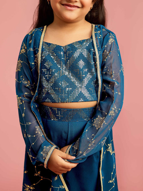 Girls Turquoise Georgette Sleeveless Cropped Sequin Yoke Top with Elasticated Palazzo Ethnic Clothing Set