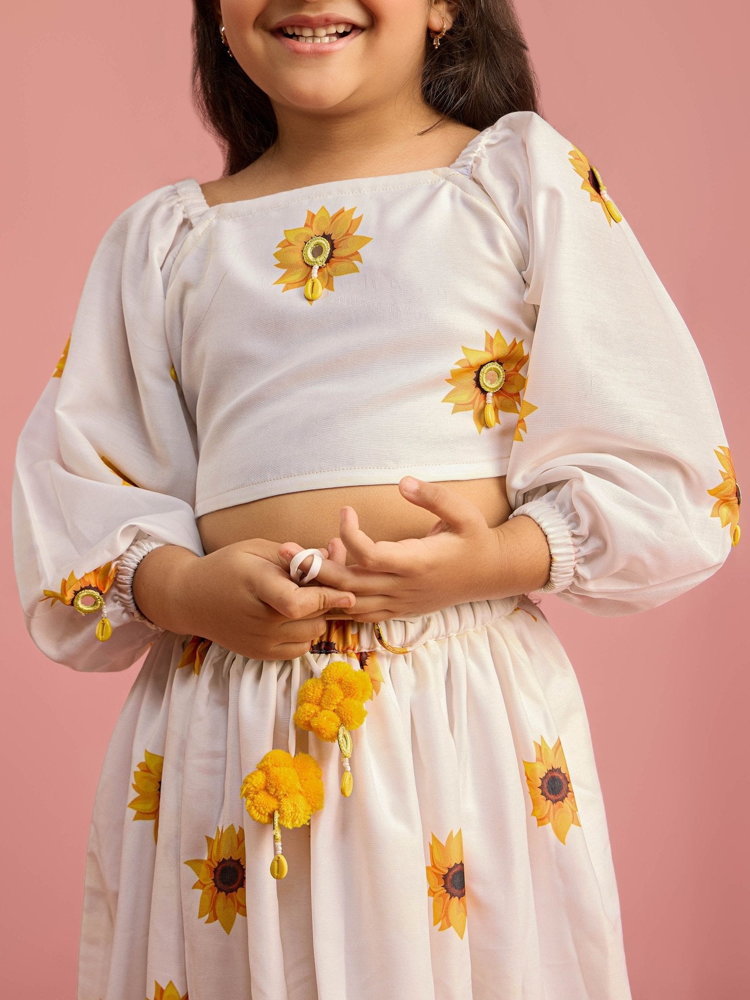 Girls White Poly Muslin Digital Floral Print Lehenga Choli Set