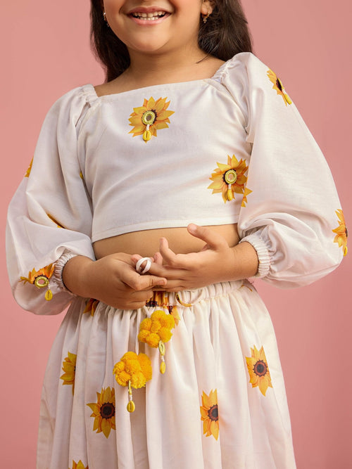 Girls White Poly Muslin Digital Floral Print Lehenga Choli Set