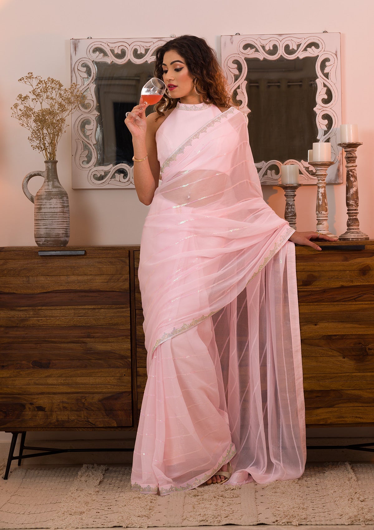 Baby Pink Sequins Chiffon Designer Saree
