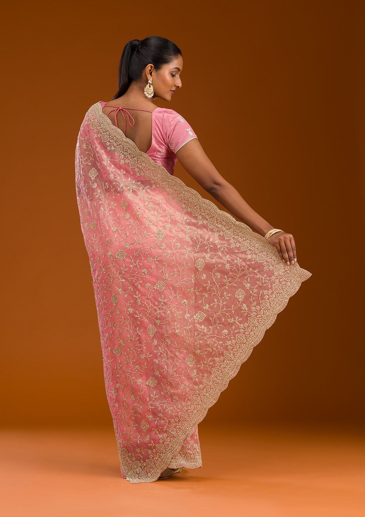 Baby Pink Sequins Tissue Saree