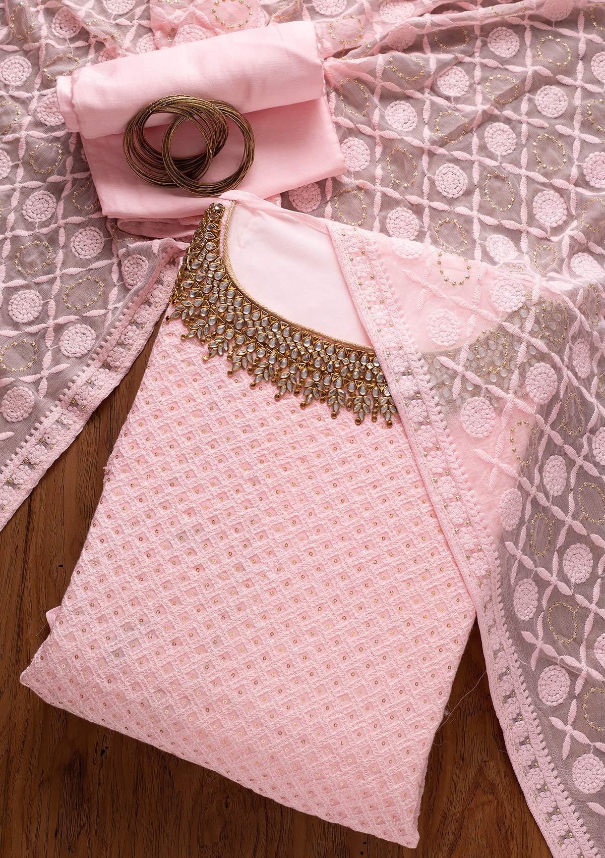 Baby Pink Stonework Georgette Unstitched Salwar Suit