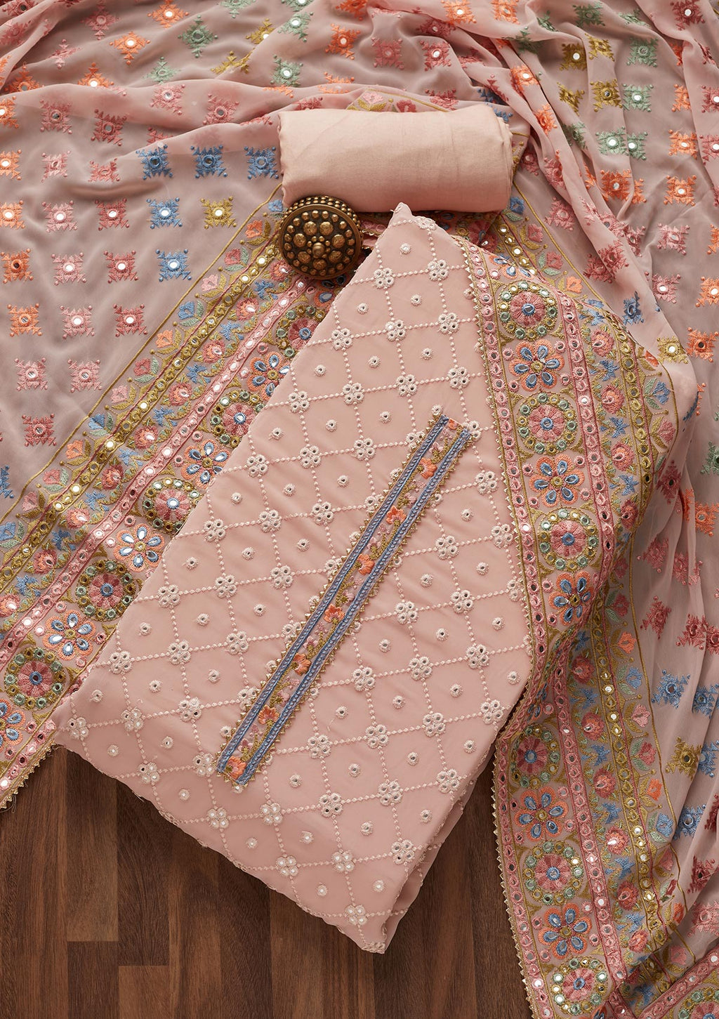 Baby Pink Threadwork Georgette Unstitched Salwar Suit