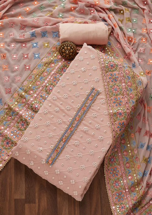 Baby Pink Threadwork Georgette Unstitched Salwar Suit