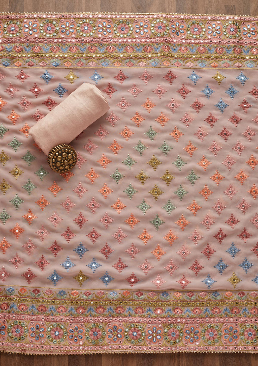 Baby Pink Threadwork Georgette Unstitched Salwar Suit