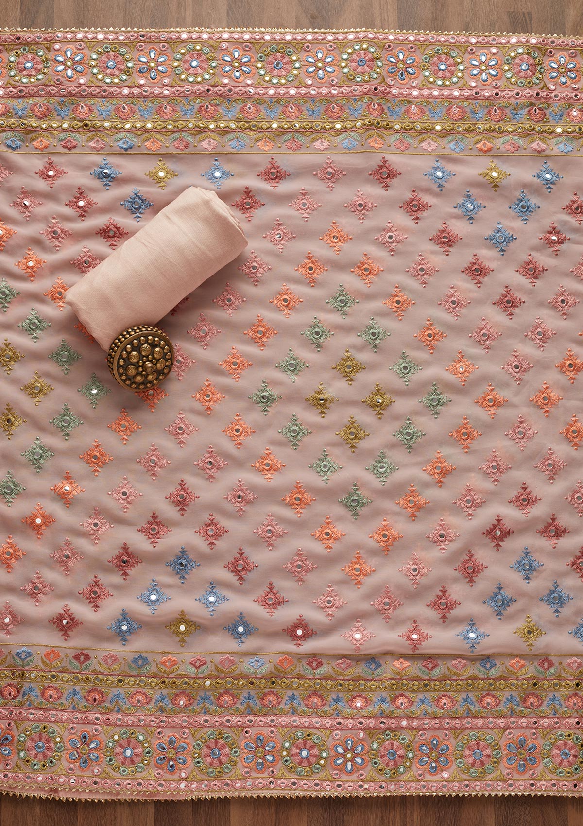 Baby Pink Threadwork Georgette Unstitched Salwar Suit