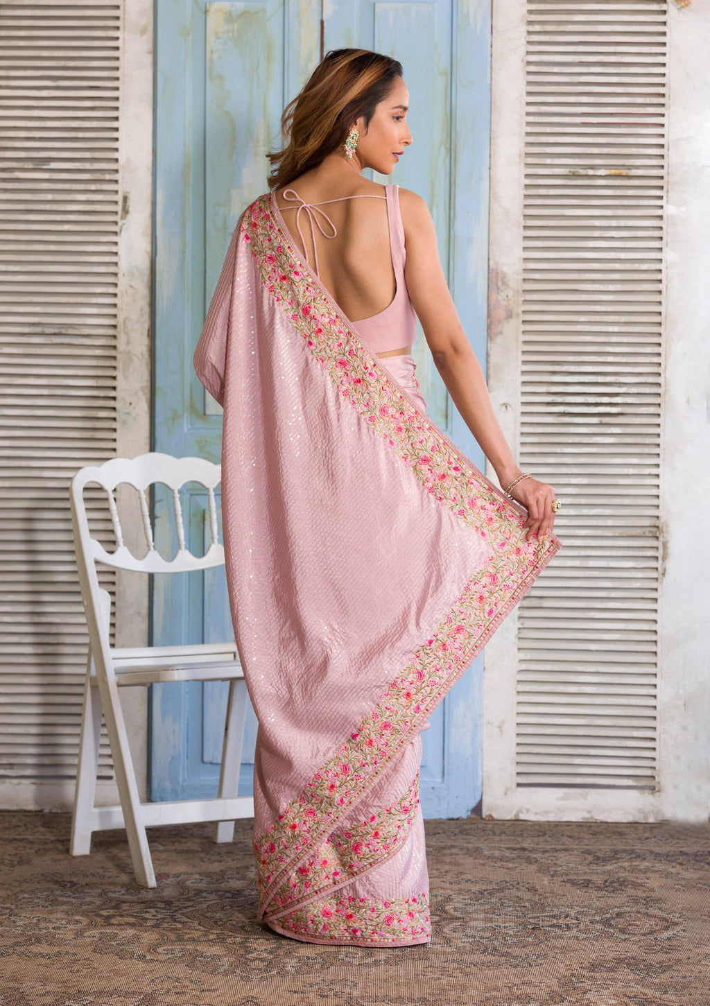 Baby Pink Threadwork Semi Crepe Designer Saree