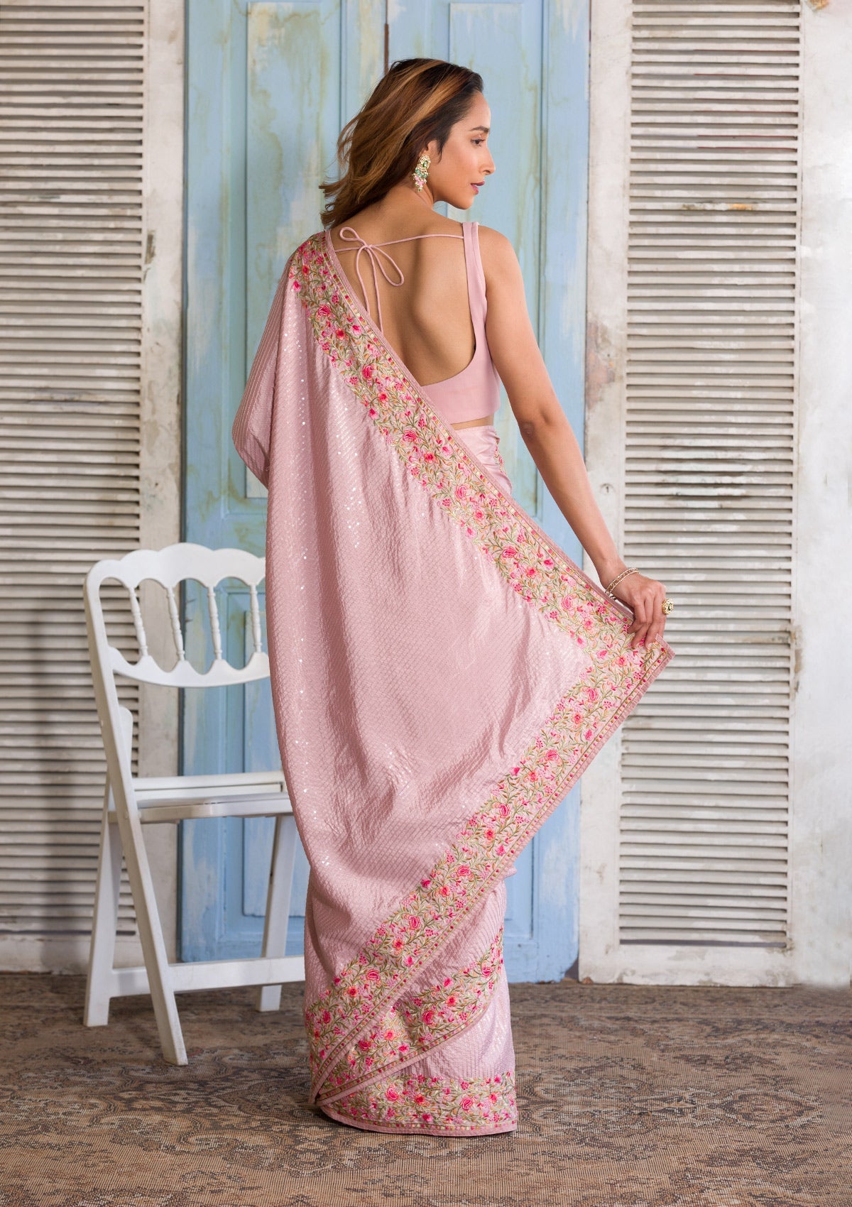 Baby Pink Threadwork Semi Crepe Designer Saree