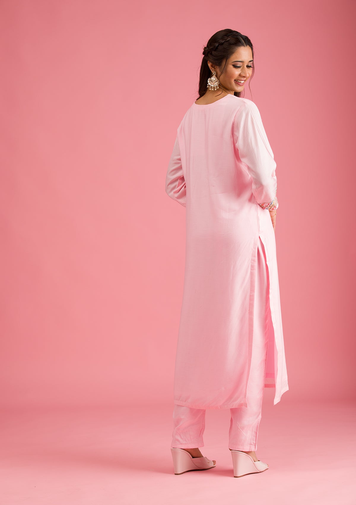Baby Pink Gotapatti Semi Crepe Readymade Salwar Suit