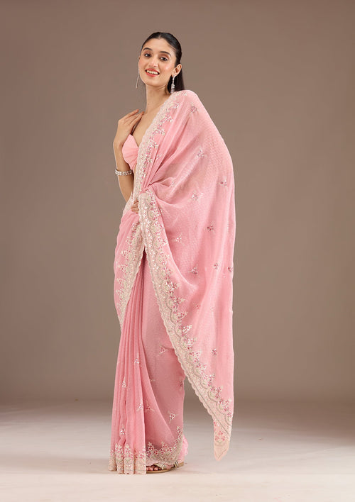 Baby Pink Sequins Chiffon Saree
