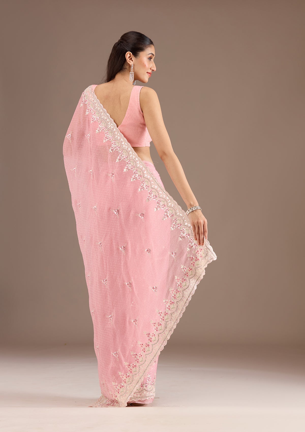 Baby Pink Sequins Chiffon Saree