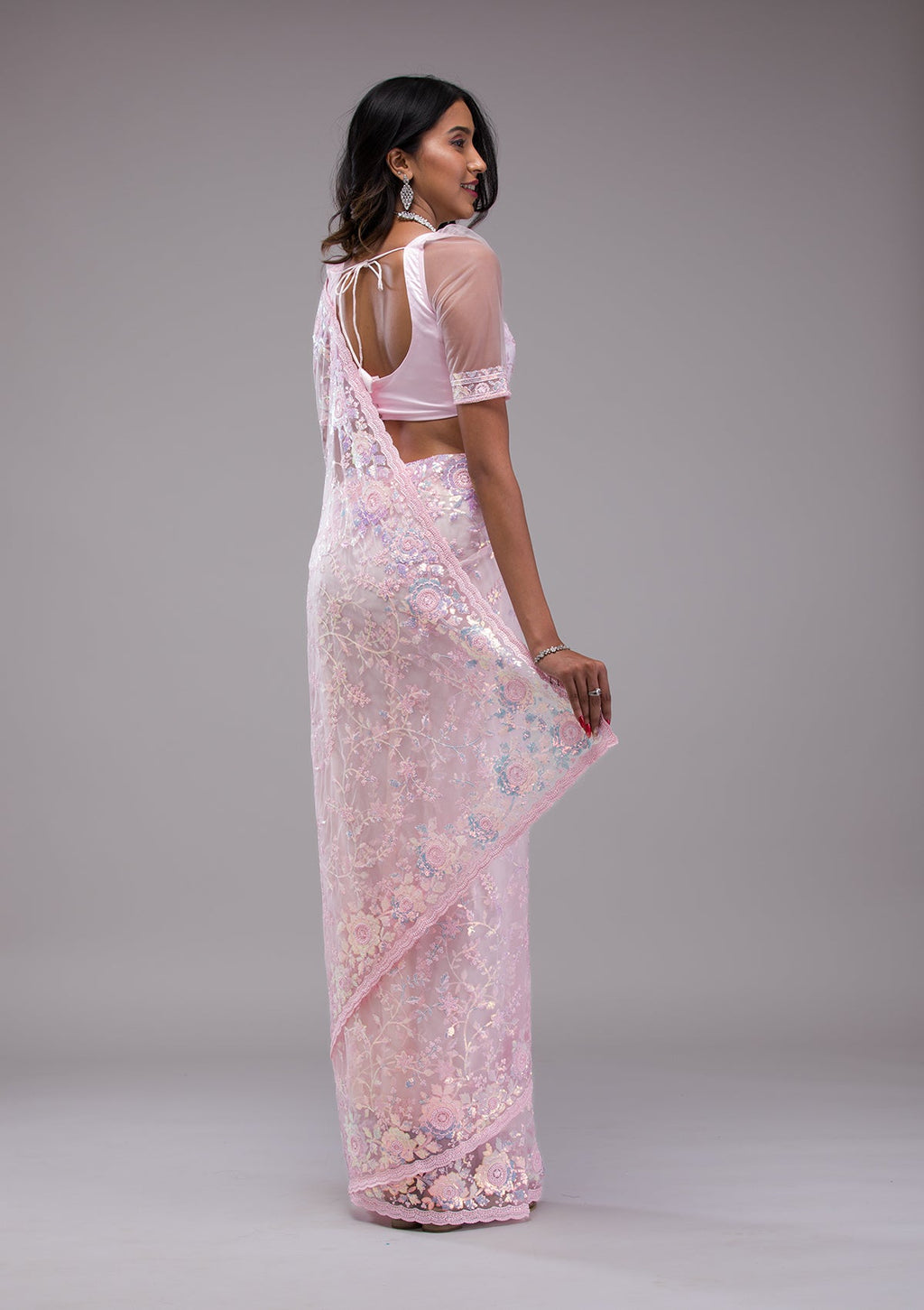 Baby Pink Sequins Tissue Saree