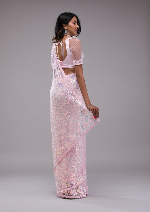 Baby Pink Sequins Tissue Saree