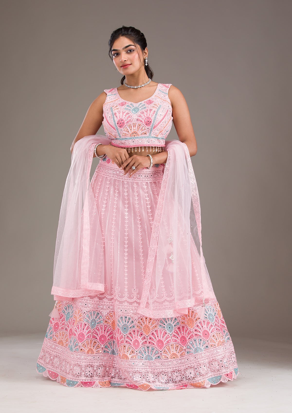 Baby Pink Silver Zariwork Net Readymade Lehenga
