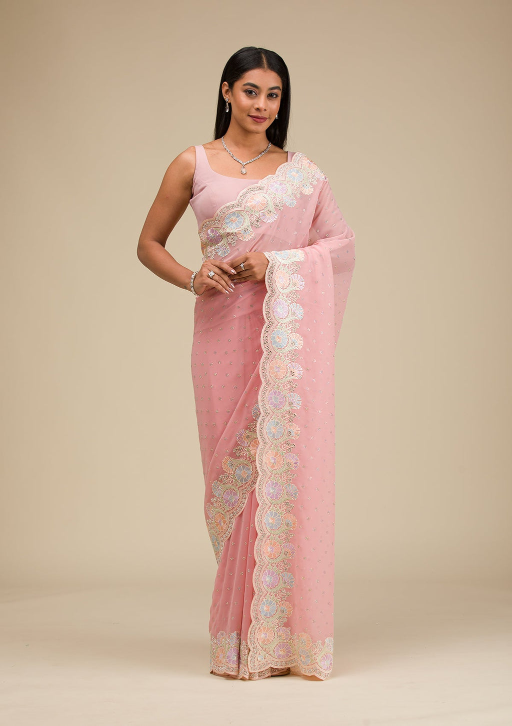 Baby Pink Stonework Georgette Saree