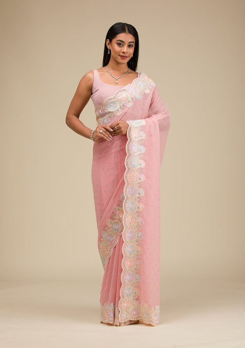 Baby Pink Stonework Georgette Saree