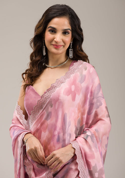 Baby Pink Stonework Satin Saree