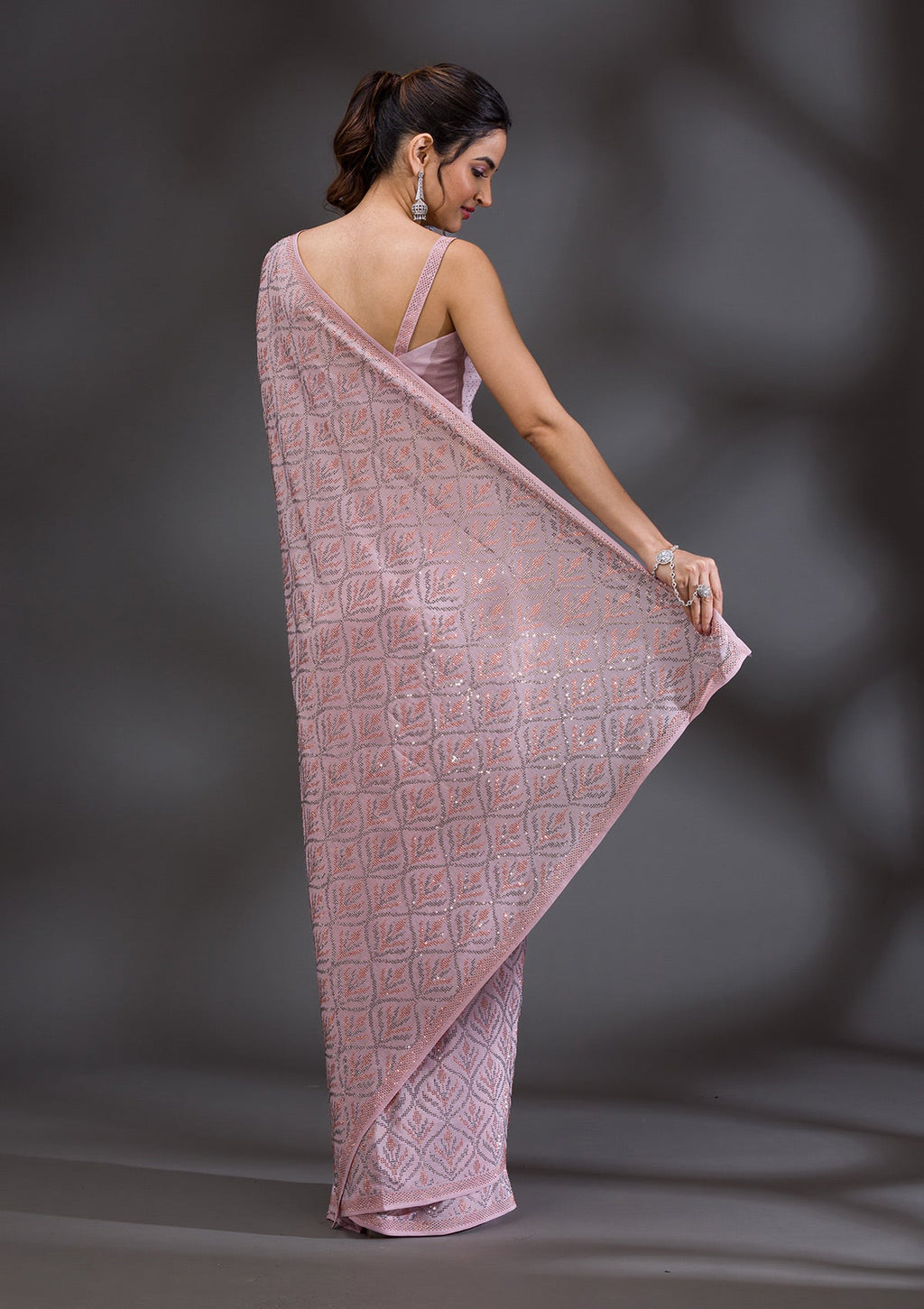 Baby Pink Stonework (Gold) Georgette Saree