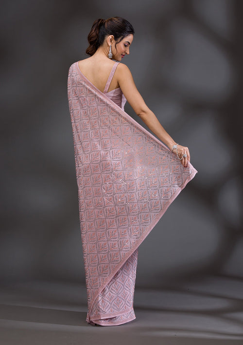 Baby Pink Stonework (Gold) Georgette Saree