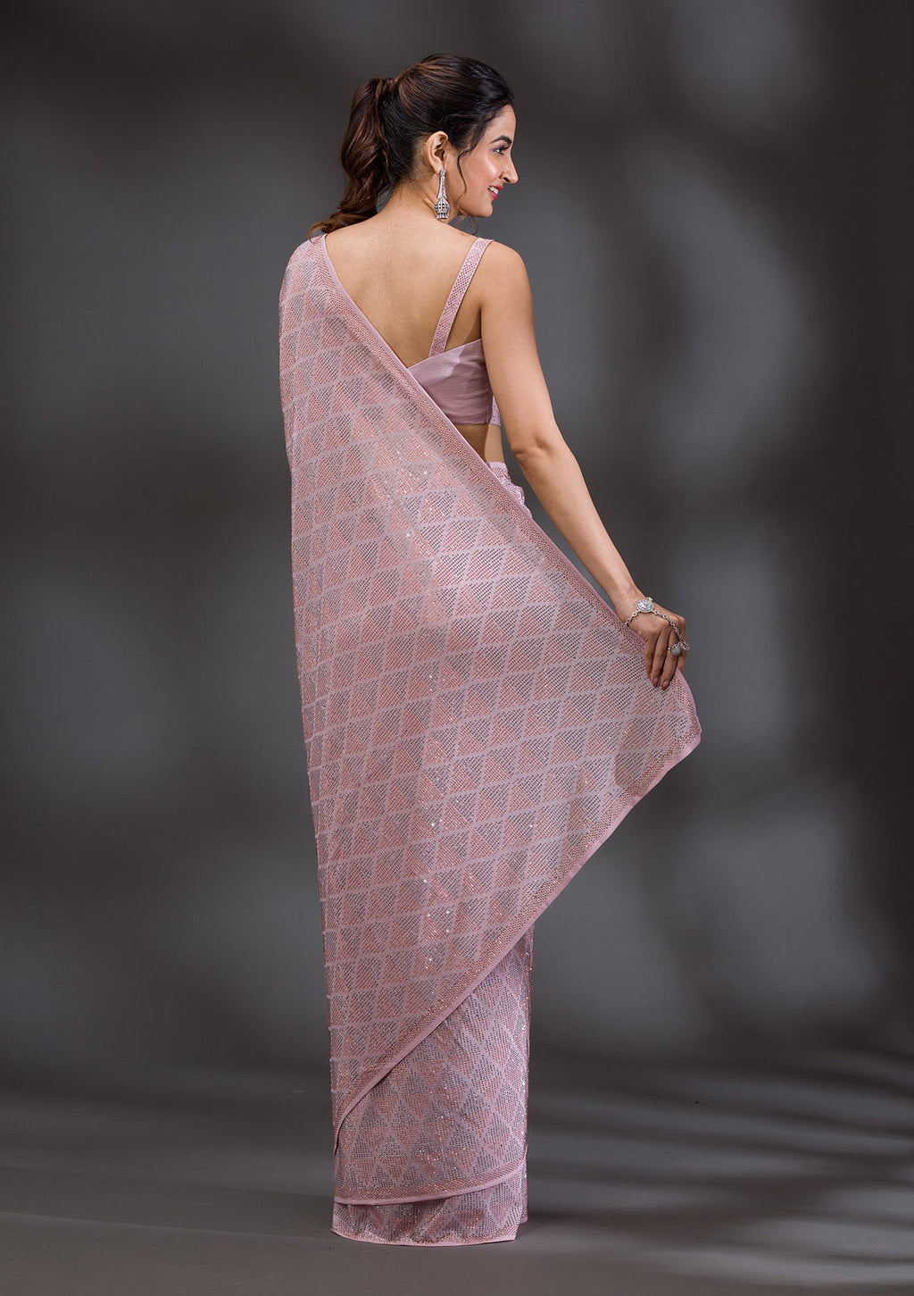 Baby Pink Stonework (Gold) Georgette Saree