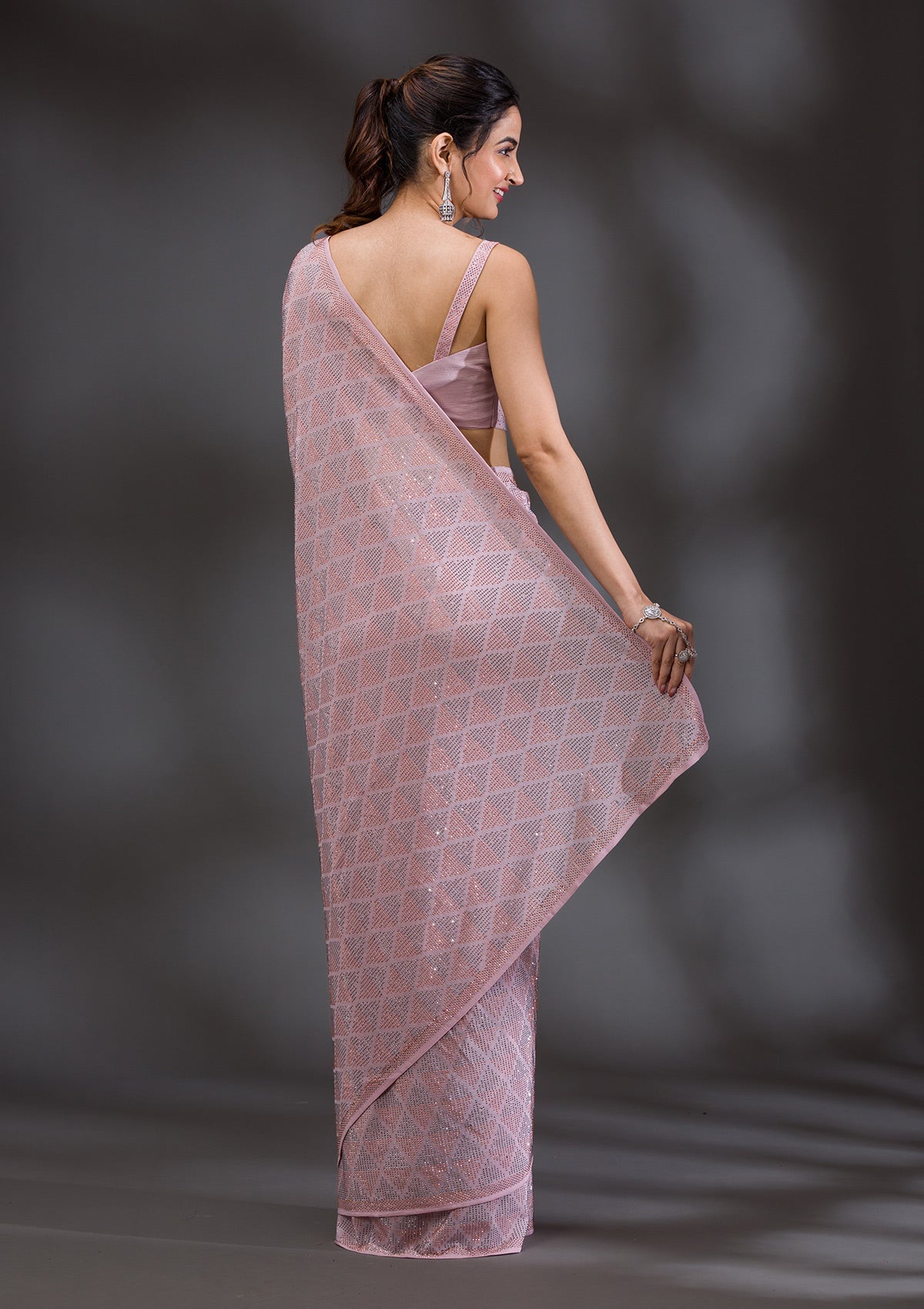 Baby Pink Stonework (Gold) Georgette Saree