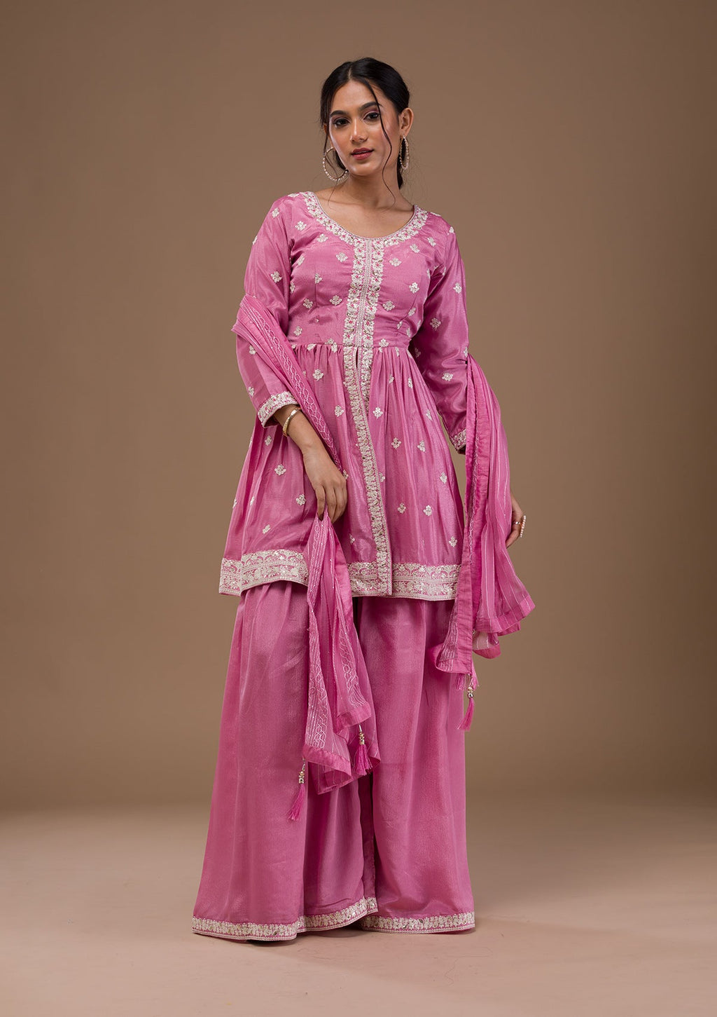 Baby Pink Threadwork Art Silk Readymade Salwar Suit