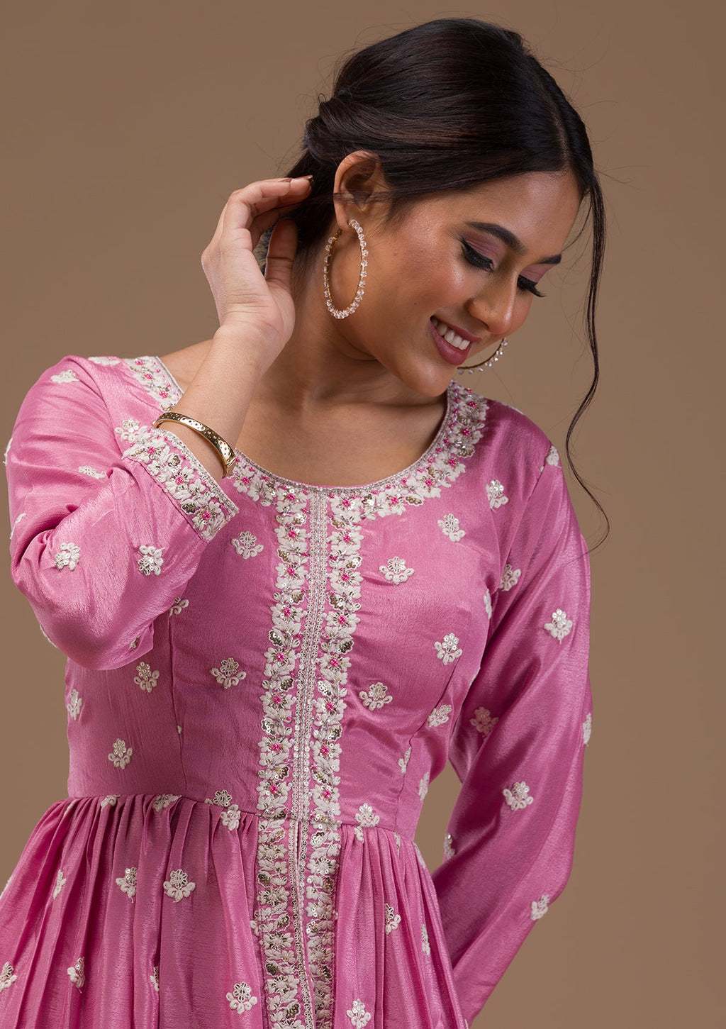 Baby Pink Threadwork Art Silk Readymade Salwar Suit