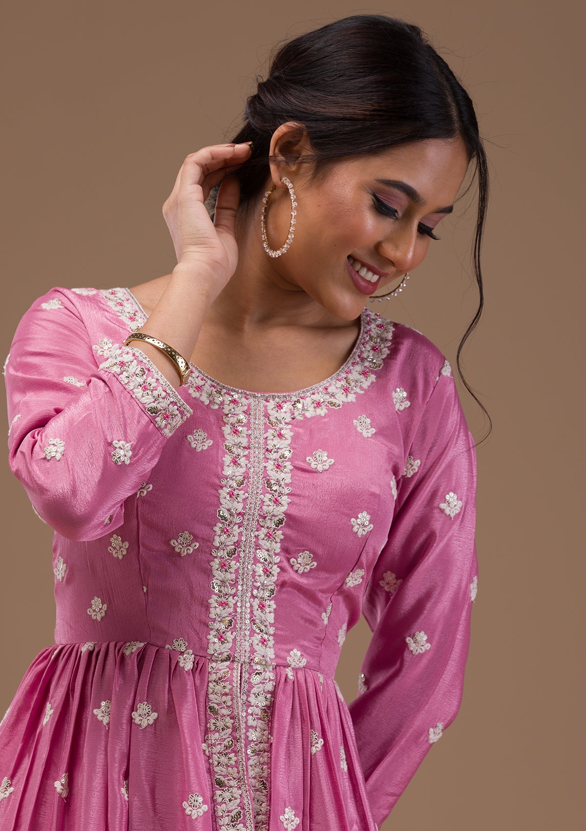 Baby Pink Threadwork Art Silk Readymade Salwar Suit