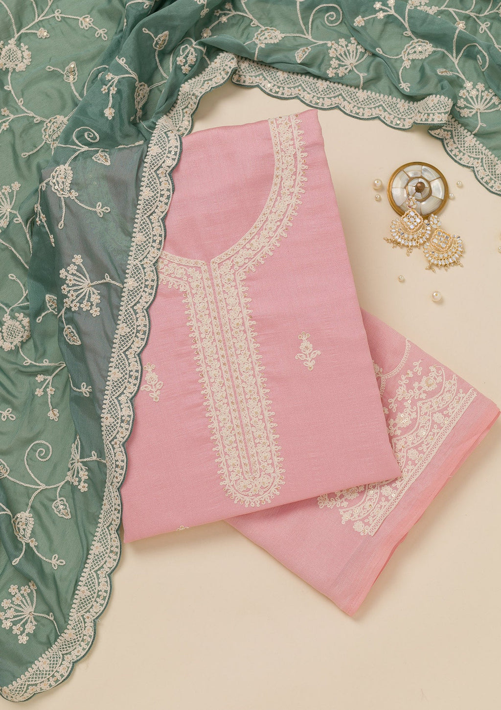 Baby Pink Threadwork Art Silk Unstitched Salwar Suit