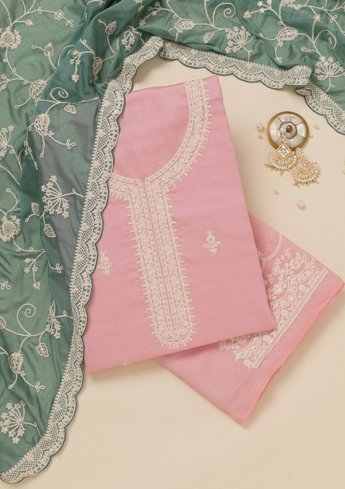 Baby Pink Threadwork Art Silk Unstitched Salwar Suit