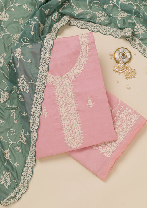 Baby Pink Threadwork Art Silk Unstitched Salwar Suit