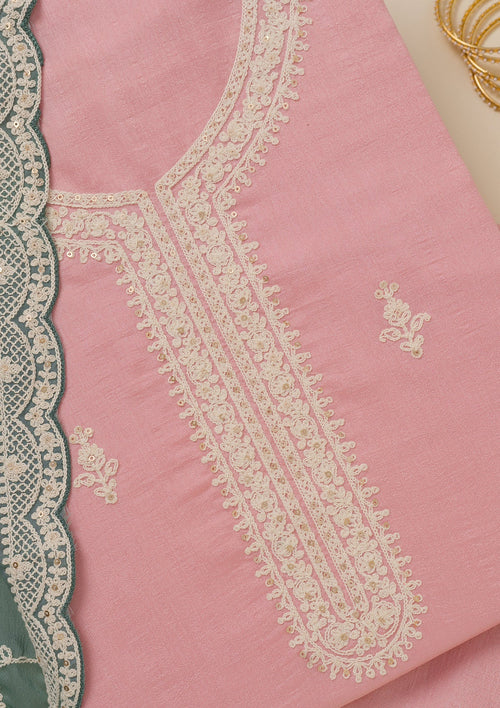 Baby Pink Threadwork Art Silk Unstitched Salwar Suit