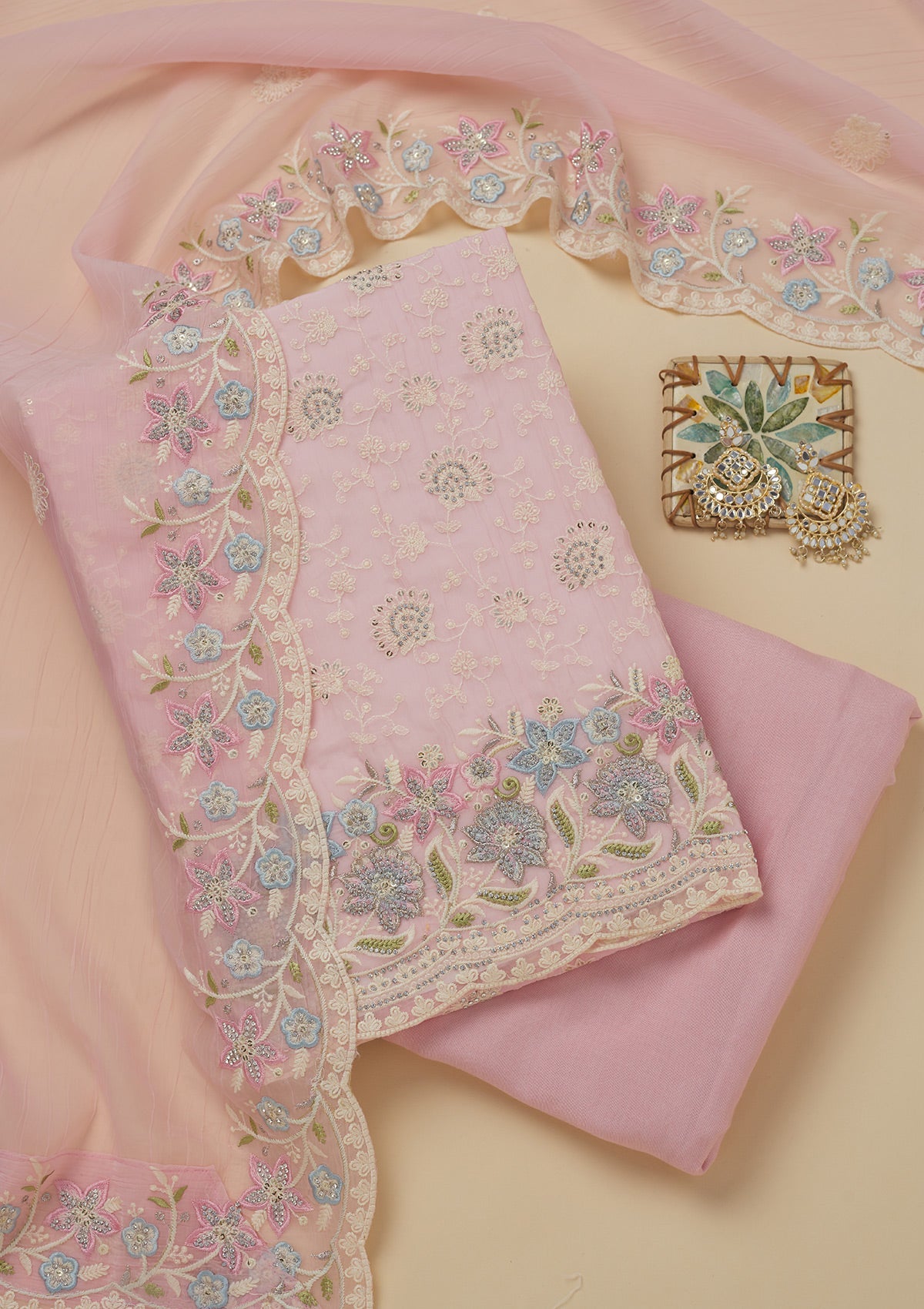 Baby Pink Threadwork Chiffon Unstitched Salwar Suit