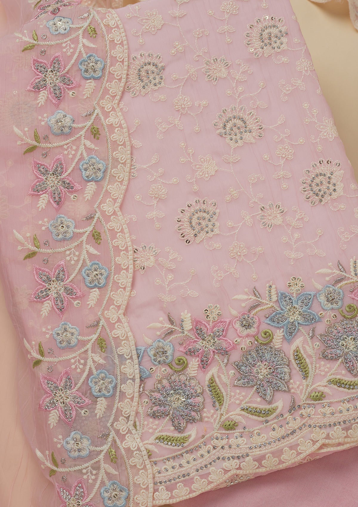 Baby Pink Threadwork Chiffon Unstitched Salwar Suit