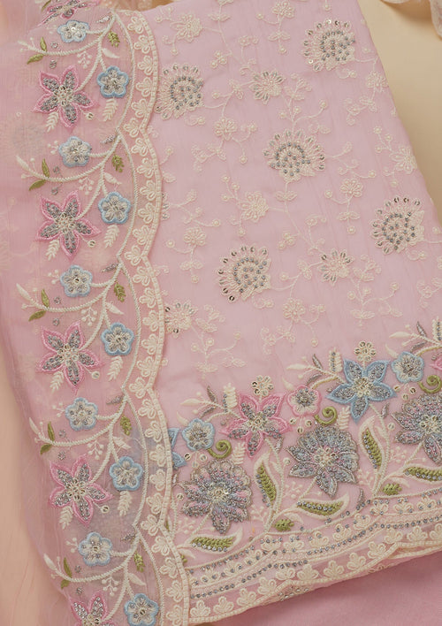 Baby Pink Threadwork Chiffon Unstitched Salwar Suit