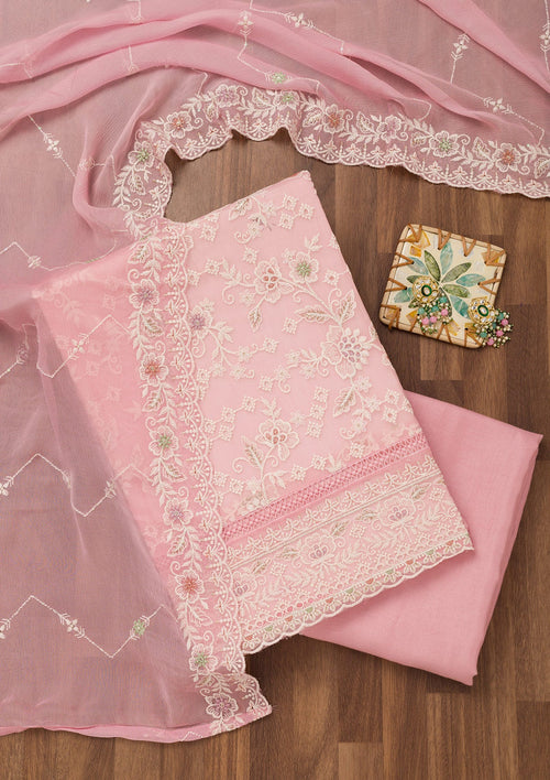 Baby Pink Threadwork Chiffon Unstitched Salwar Suit