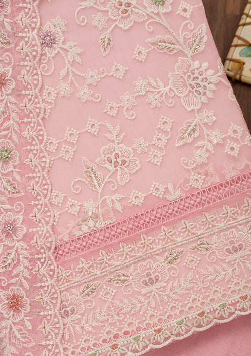 Baby Pink Threadwork Chiffon Unstitched Salwar Suit