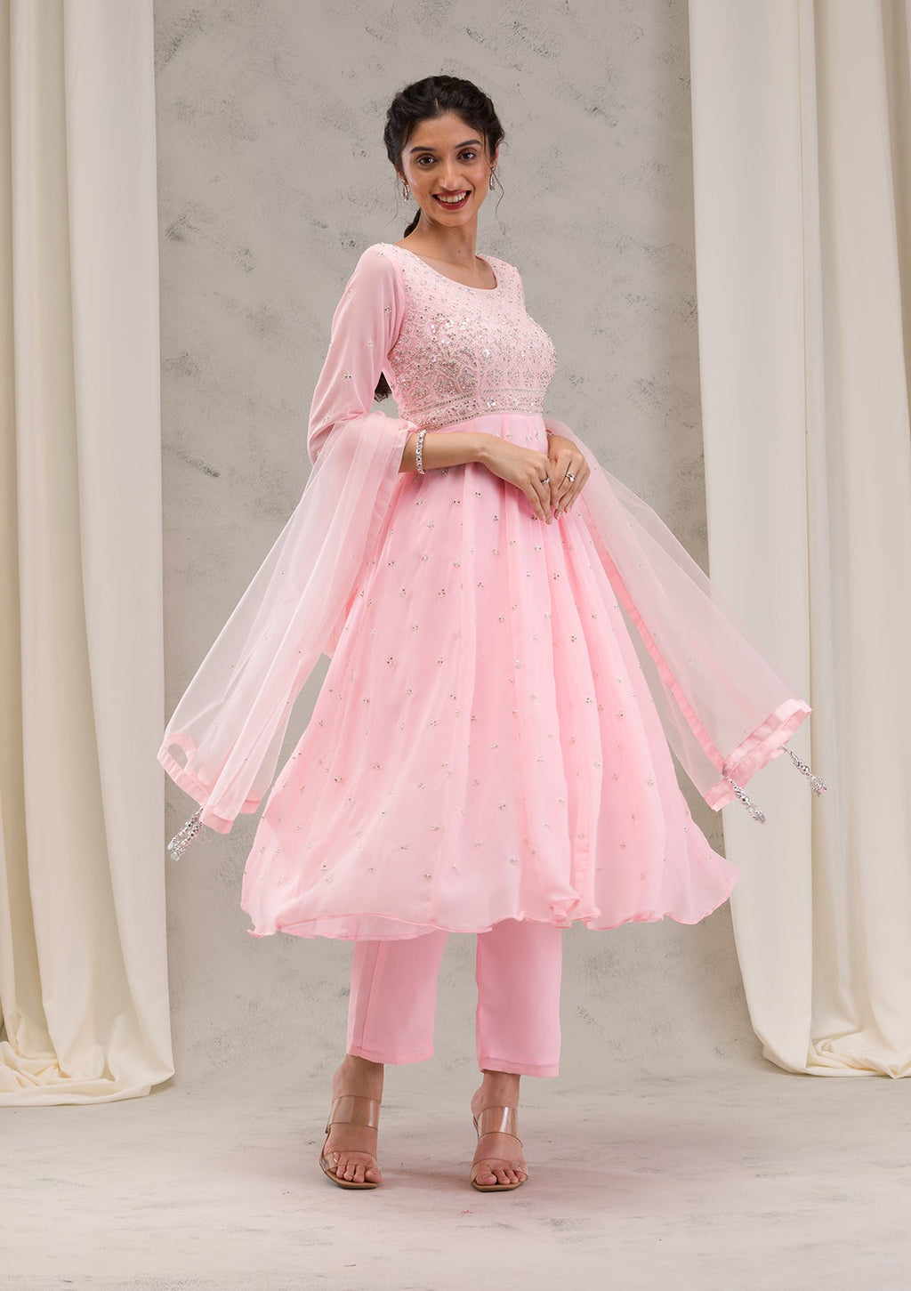 Baby Pink Threadwork Georgette Readymade Salwar Suit
