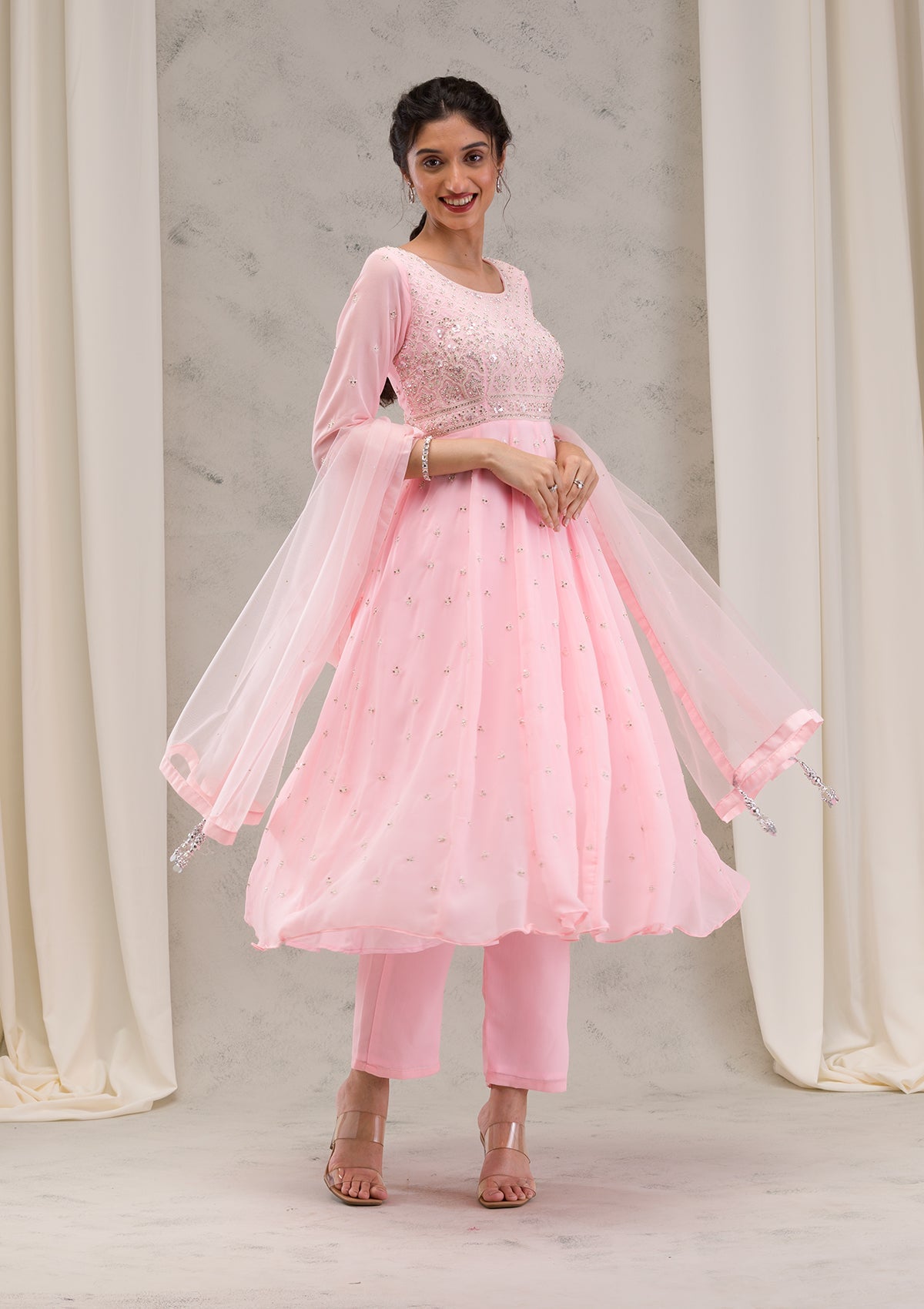 Baby Pink Threadwork Georgette Readymade Salwar Suit