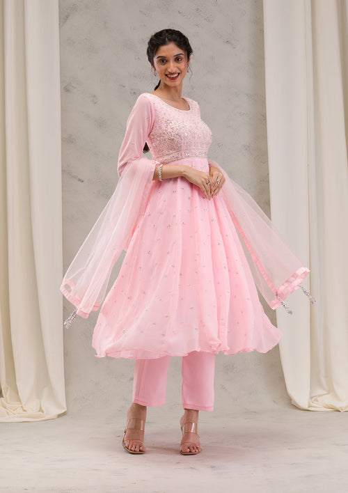 Baby Pink Threadwork Georgette Readymade Salwar Suit