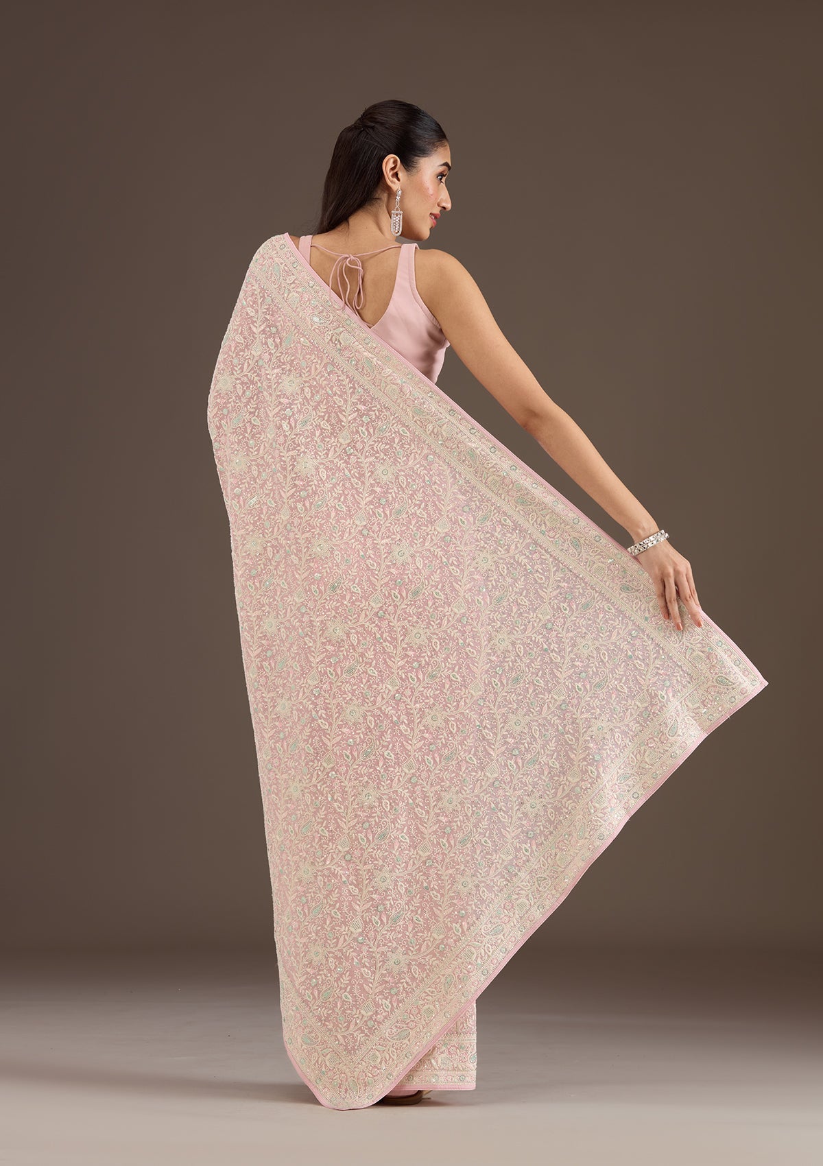 Baby Pink Threadwork Georgette Saree