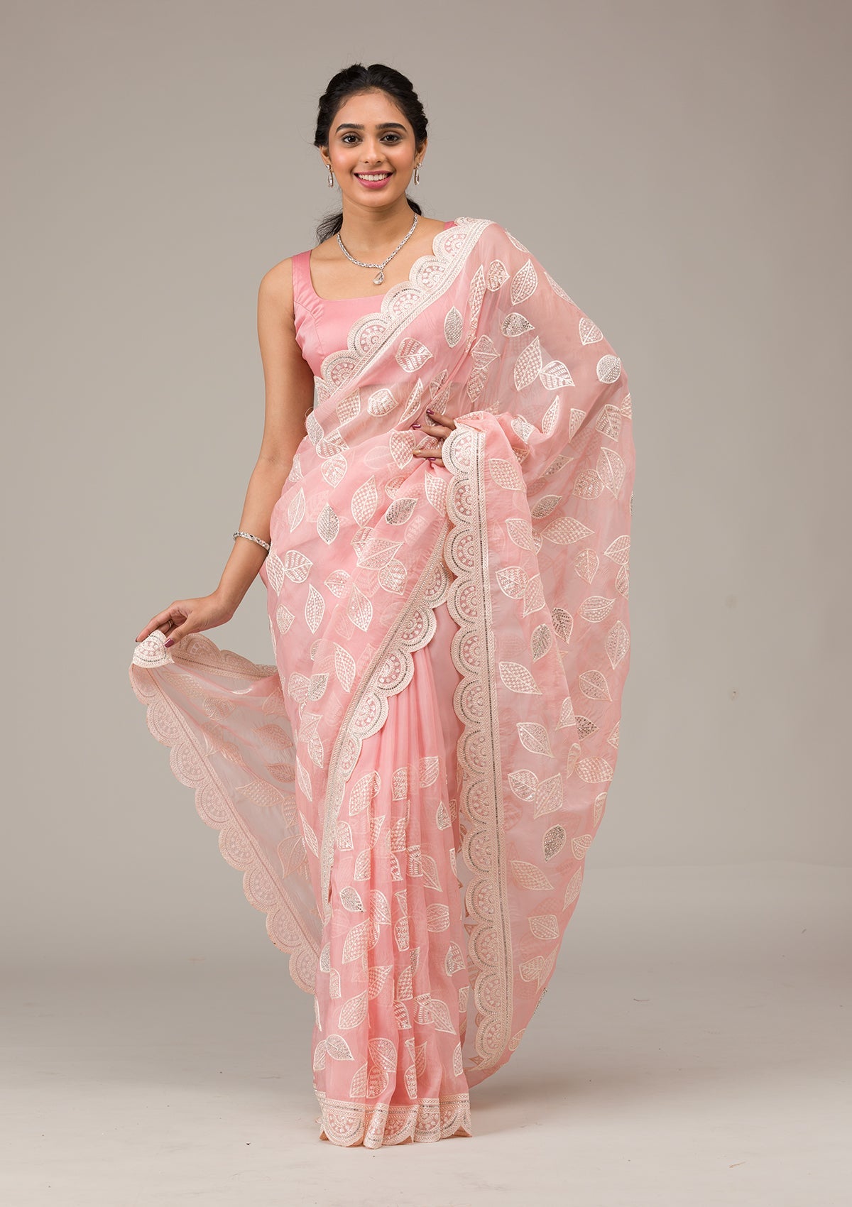 Baby Pink Threadwork Organza Saree